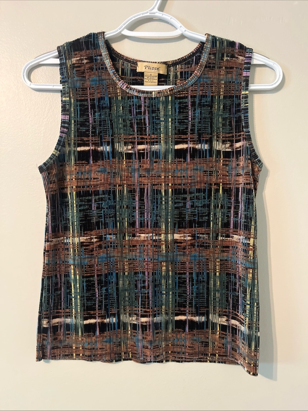 WOMEN’S VINTAGE PLISSE SLEEVELESS TANK TOP STRETCH 90S Y2K SMALL CRINKLE RETRO